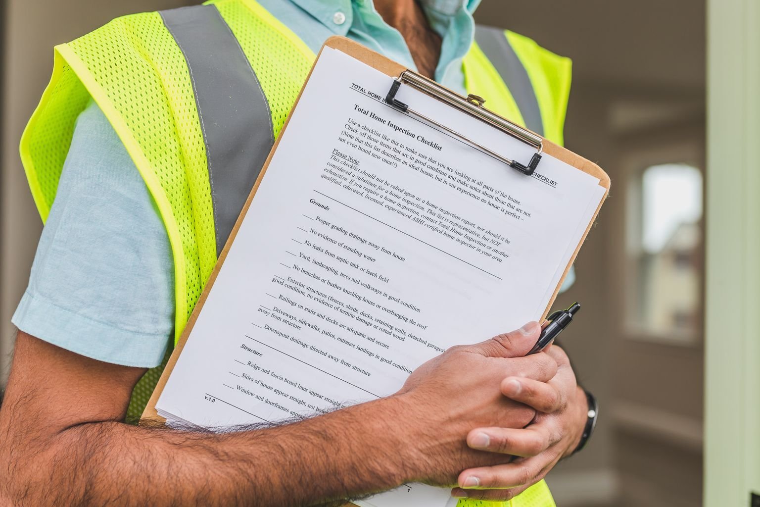 A property inspector holds a home inspection checklist and pen while reviewing completion details.